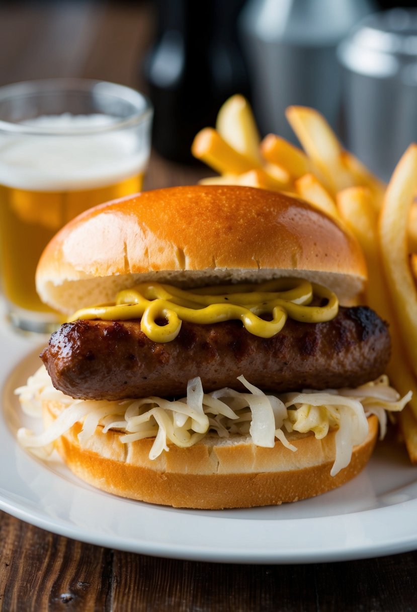 A sizzling bratwurst sandwich on a toasted bun, topped with sauerkraut and mustard, served with a side of crispy fries