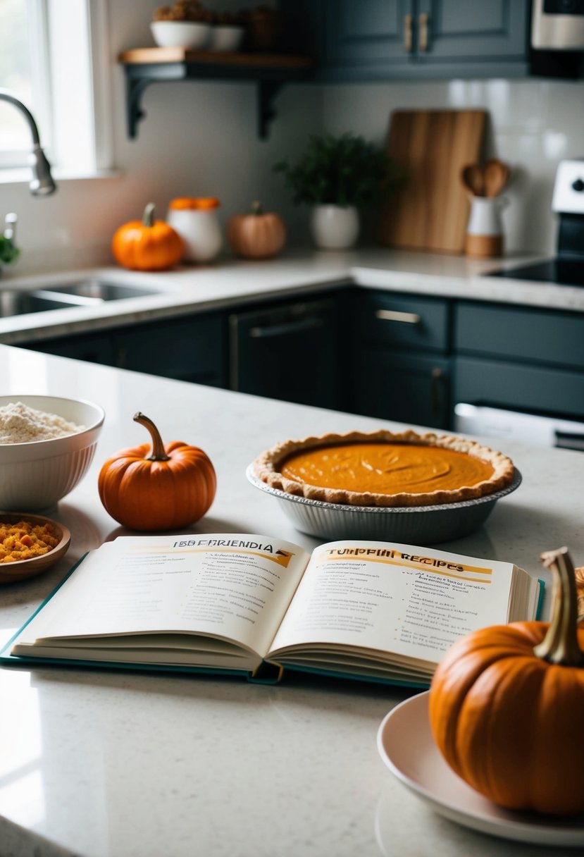 A kitchen counter with ingredients for pumpkin pie and a recipe book open to a page on IBS-friendly recipes