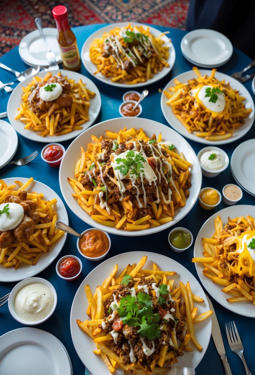 A table filled with various loaded fries recipes, surrounded by plates, utensils, and condiments, ready for iftar