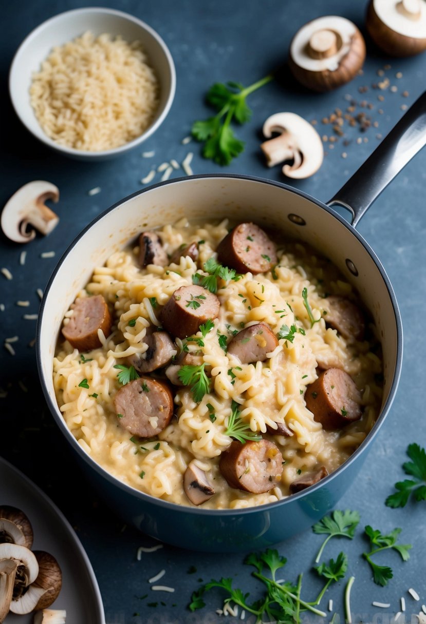 A steaming pot of creamy risotto with chunks of sausage and mushrooms, surrounded by scattered ingredients like rice, herbs, and spices