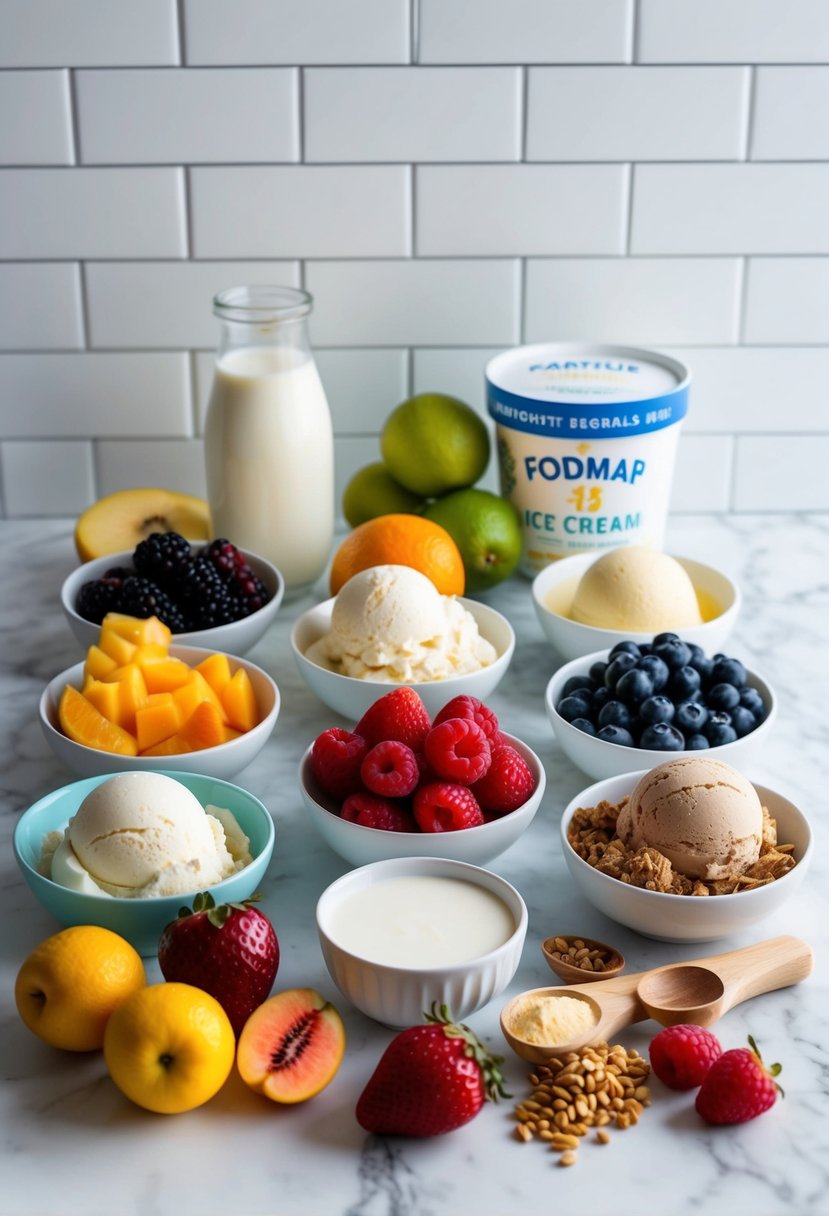 A colorful array of low-FODMAP ice cream ingredients arranged on a clean, white marble countertop, including fresh fruit, lactose-free milk, and a variety of natural sweeteners