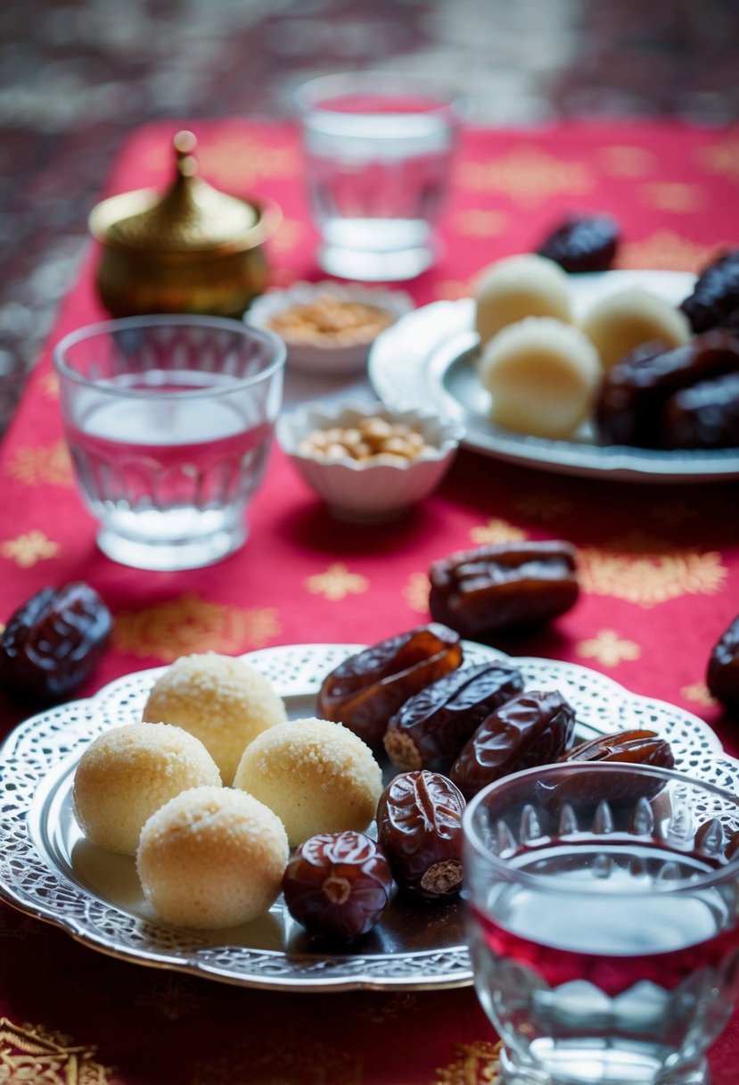 A table set with sweet milk balls, dates, and water for iftar