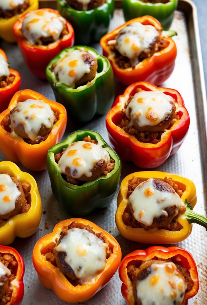 A colorful array of bell peppers, each one stuffed with savory sausage and topped with melted cheese, arranged on a baking sheet