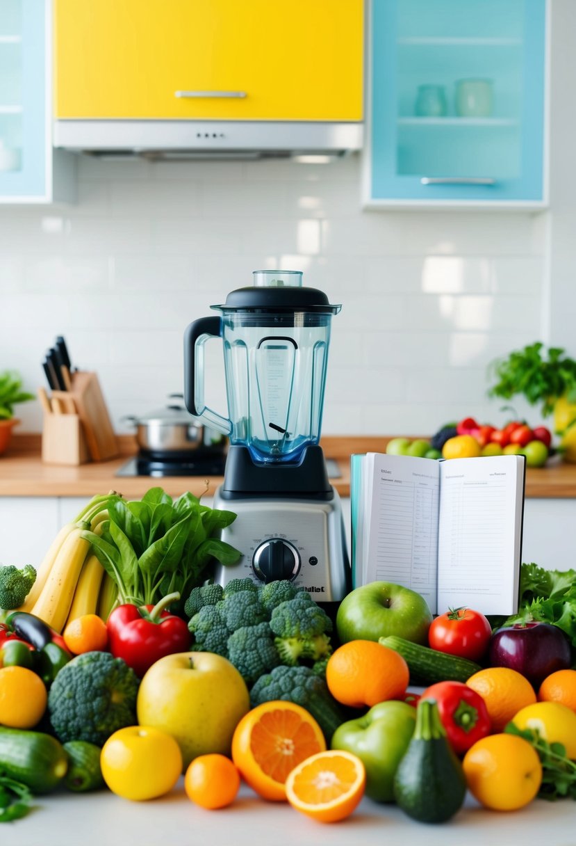 A colorful array of fresh fruits and vegetables, alongside a blender and recipe book, set against a bright kitchen backdrop