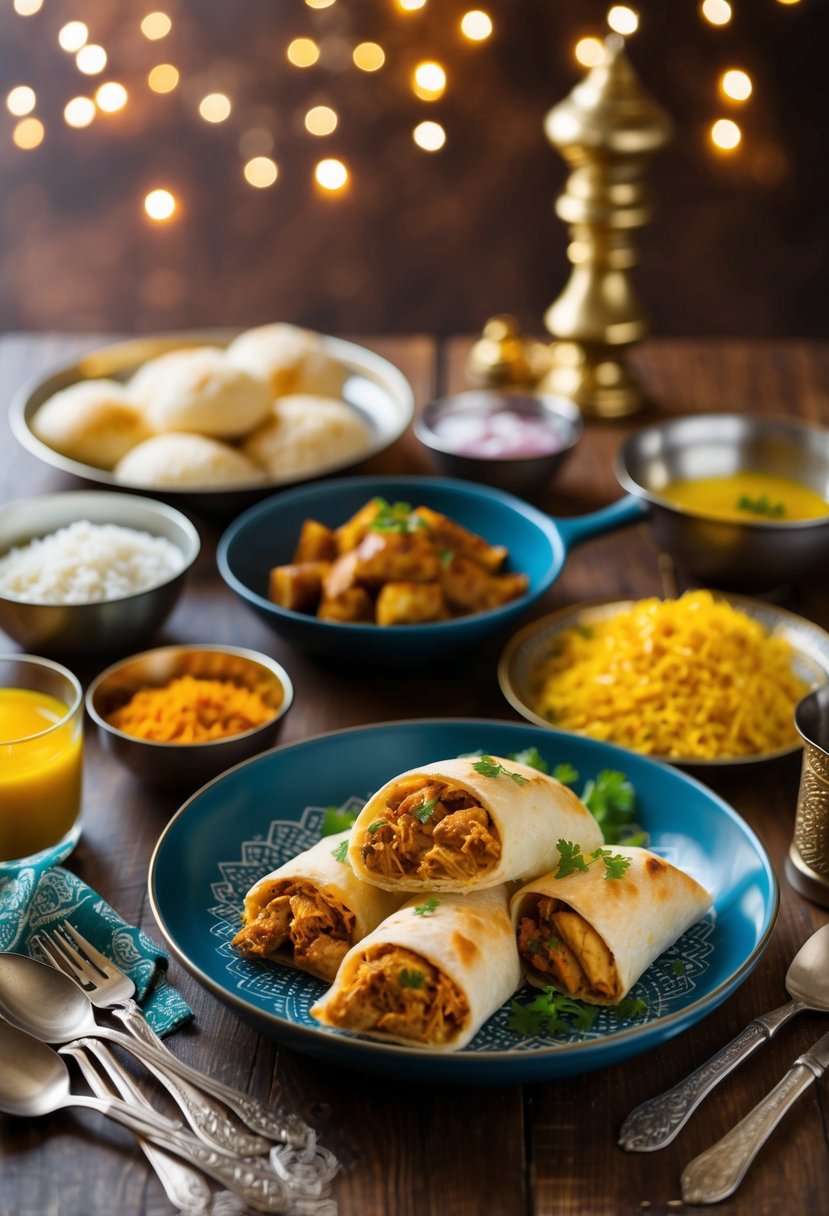 A table set with ingredients and utensils for making Malai Chicken Tikka Bread Pockets, with a warm and inviting atmosphere for iftar