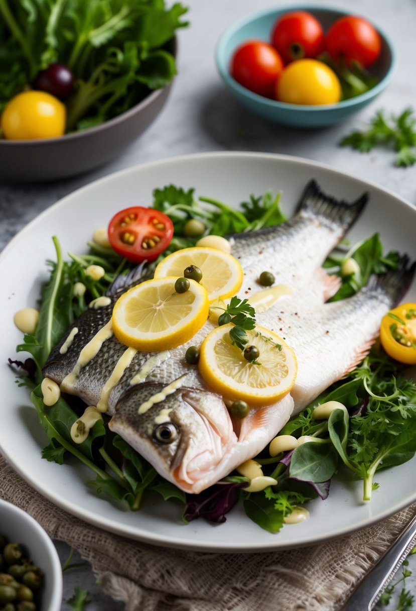 A fresh sea bass on a bed of mixed greens, drizzled with a tangy lemon caper dressing, surrounded by colorful ingredients like cherry tomatoes and herbs