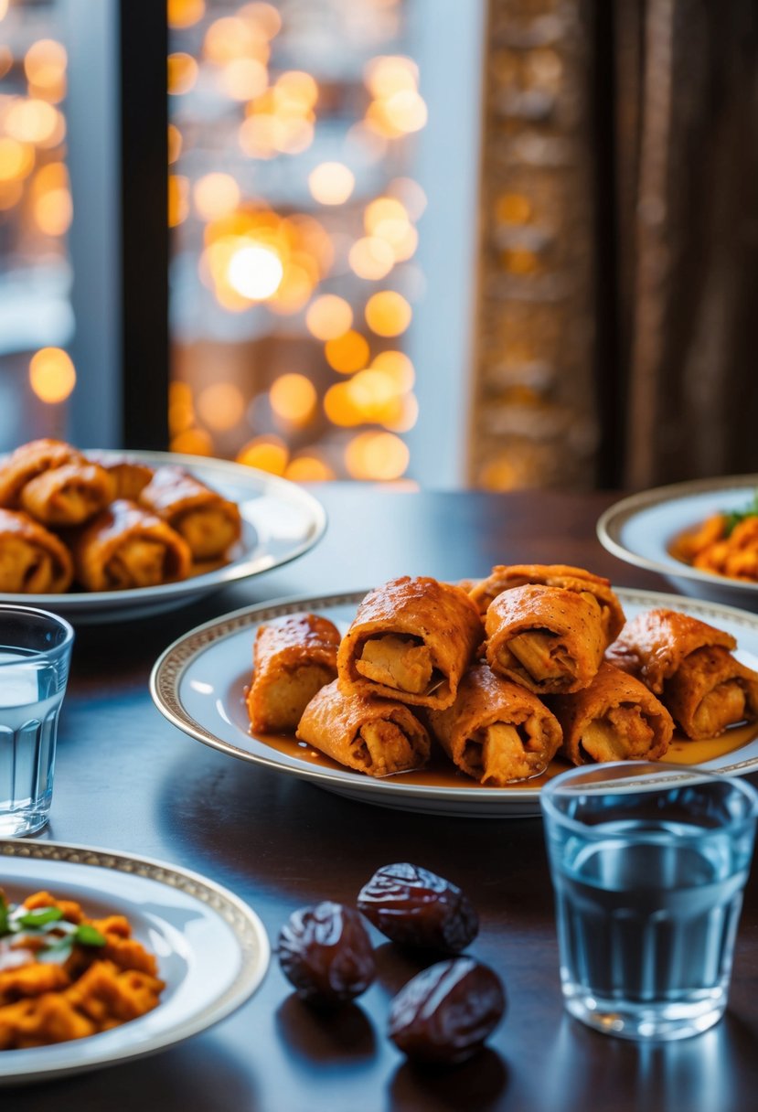 A table set with spicy chicken rolls, dates, and water for iftar