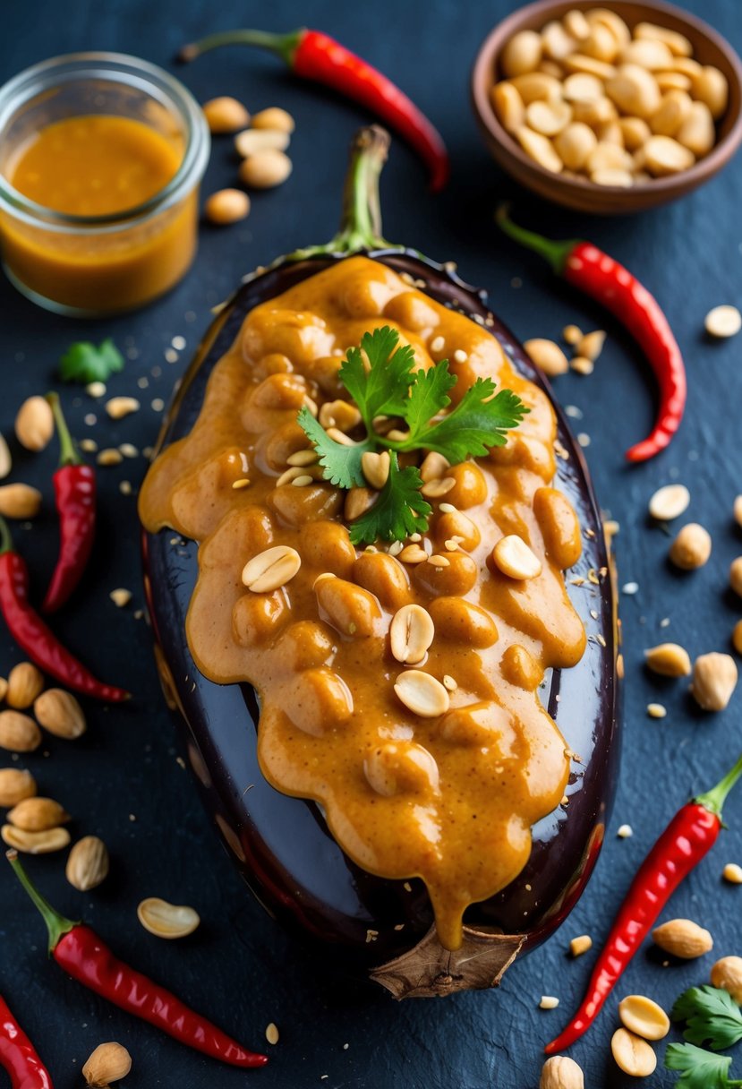 A whole roasted aubergine topped with a spicy peanut dressing, surrounded by scattered chilli peppers and peanuts