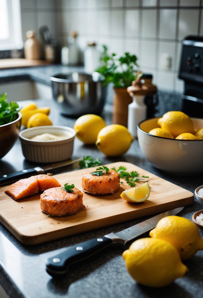 A kitchen counter with a cutting board, knife, bowl of salmon, lemons, and various ingredients for making mini fish cakes