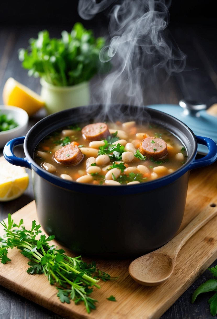 A pot of simmering sausage and white bean soup, steam rising, with fresh herbs and vegetables on a wooden cutting board nearby