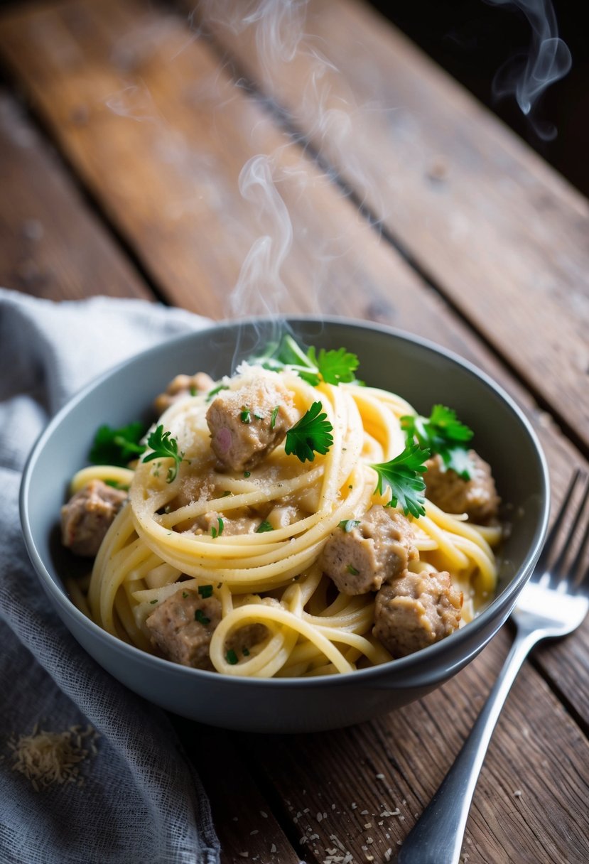 A steaming bowl of creamy sausage alfredo pasta, garnished with fresh parsley and grated parmesan, sits on a rustic wooden table