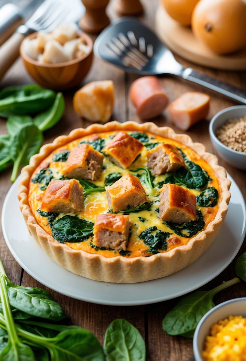 A golden-brown quiche with chunks of sausage and vibrant green spinach, surrounded by fresh ingredients and kitchen utensils