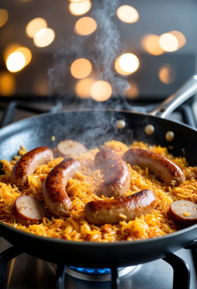 A sizzling sausage and rice dish cooks in a large skillet on a stovetop, emitting a mouthwatering aroma