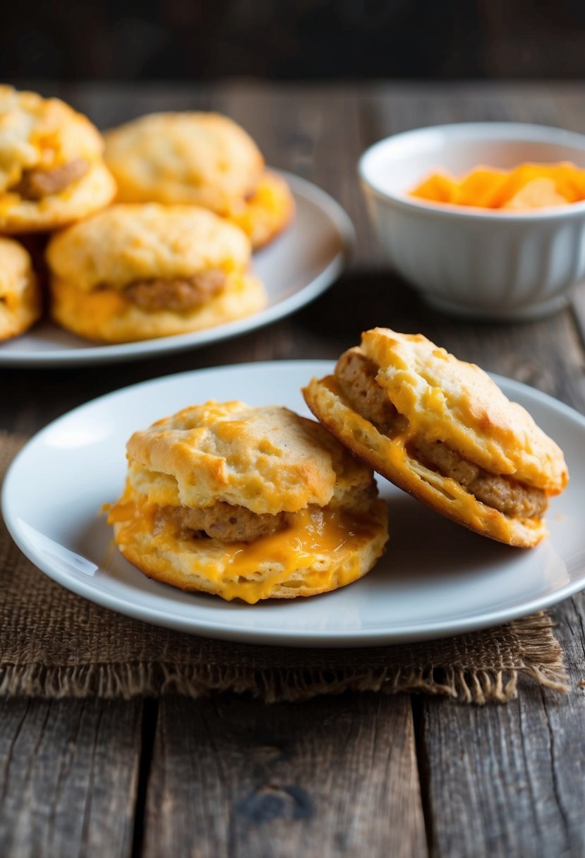 A plate of freshly baked cheddar sausage biscuits on a rustic wooden table