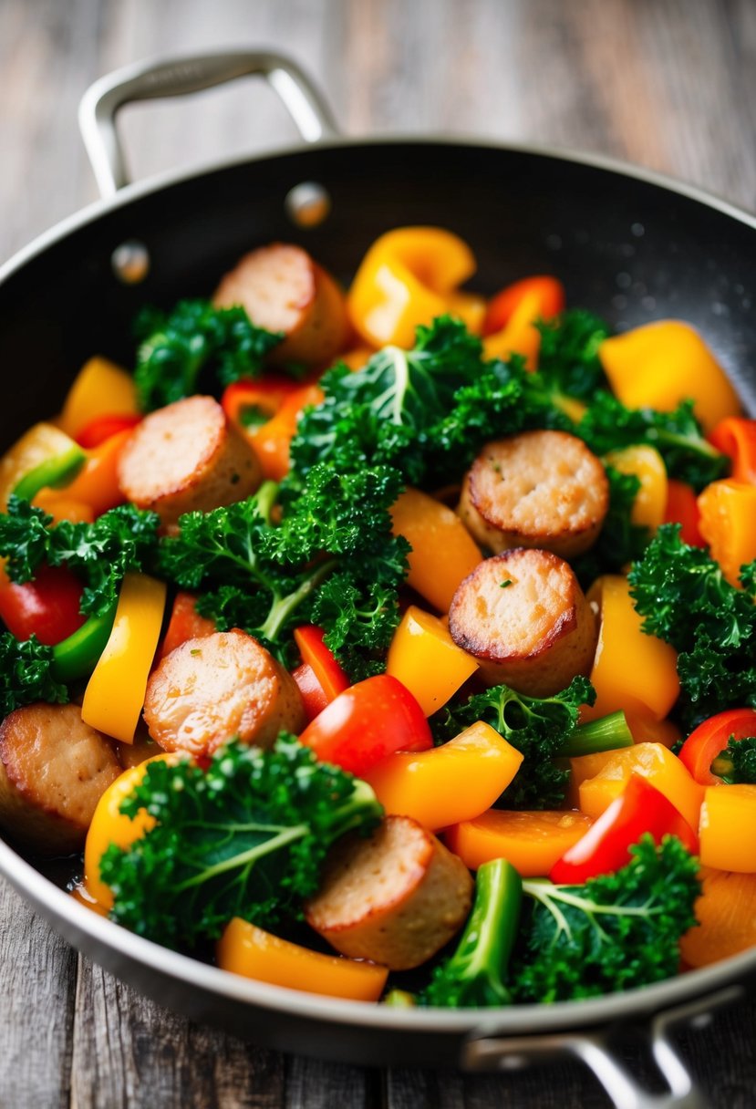 A sizzling skillet holds chunks of sausage, vibrant green kale, and colorful bell peppers cooking together in a flavorful stir-fry