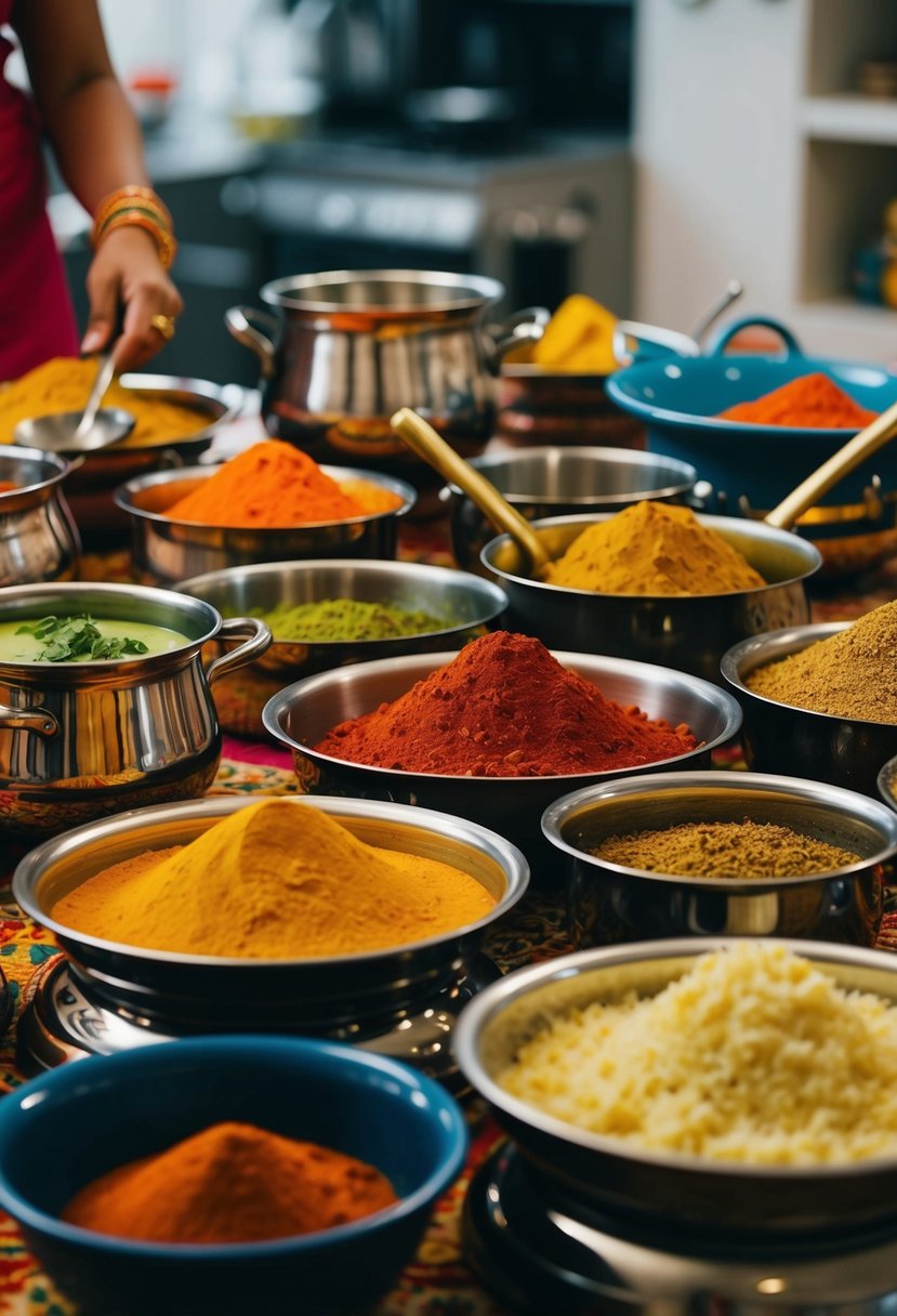 A table filled with colorful spices, pots, and cooking utensils for preparing traditional Indian recipes