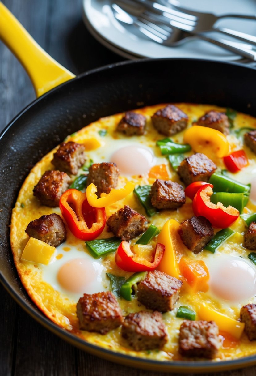 A sizzling frittata cooks in a skillet, filled with chunks of savory breakfast sausage, colorful bell peppers, and fluffy eggs