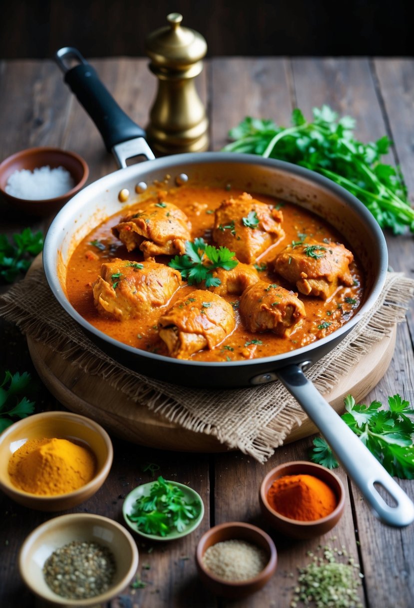 A sizzling skillet of Chicken Tikka Masala surrounded by colorful spices and herbs on a rustic wooden table