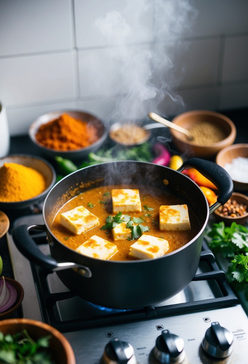 A steaming pot of Paneer Butter Masala simmers on a stove, surrounded by vibrant spices and fresh ingredients