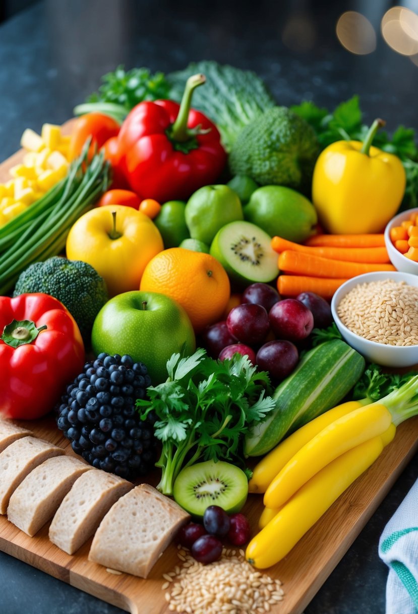 A colorful array of fresh fruits and vegetables, whole grains, and lean proteins arranged on a wooden cutting board