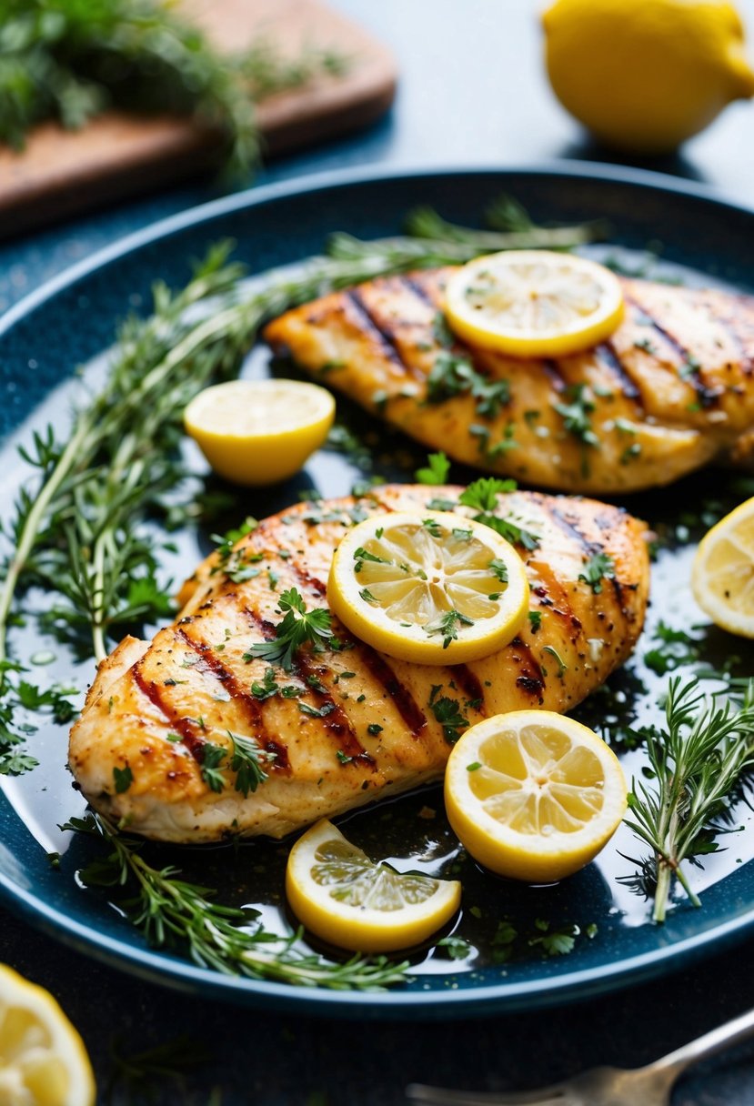 A sizzling grilled chicken breast with fresh herbs and lemon slices on a Mediterranean-style platter