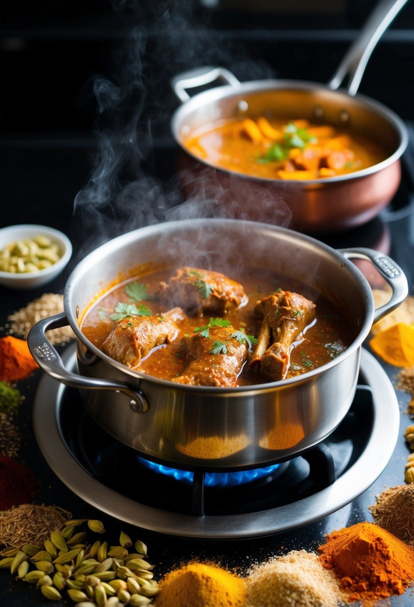 A steaming pot of lamb vindaloo simmers on a stovetop, surrounded by a colorful array of spices, including cardamom, cumin, and turmeric