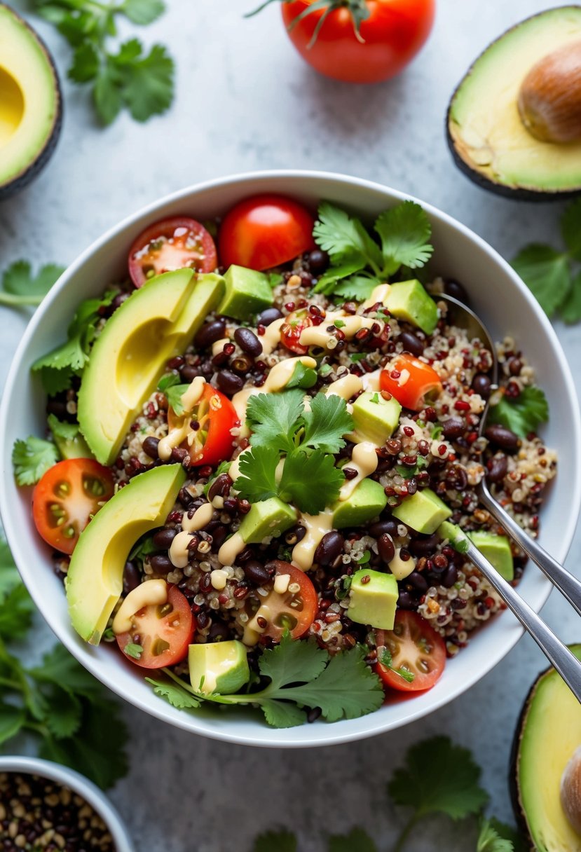 A colorful bowl of quinoa and black bean salad surrounded by fresh ingredients like tomatoes, avocados, and cilantro, with a light vinaigrette drizzled on top