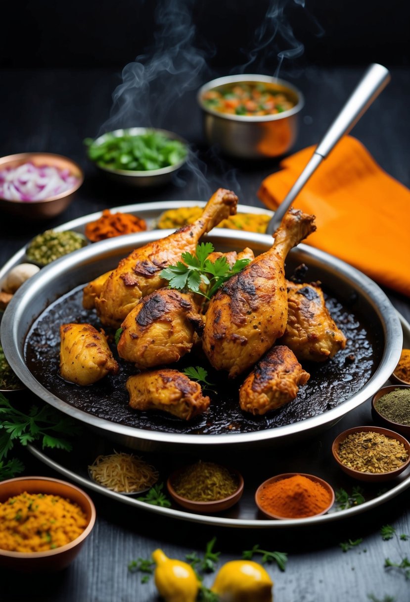 A sizzling tandoori chicken dish surrounded by a variety of aromatic Indian spices and herbs