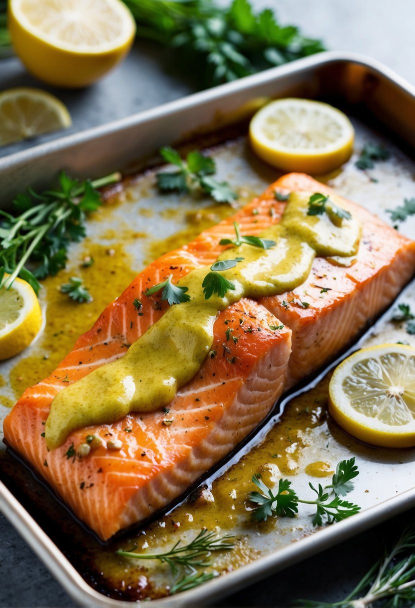 A succulent fillet of salmon, glistening with a garlic and Dijon mustard glaze, sizzling on a baking sheet surrounded by fresh herbs and lemon slices