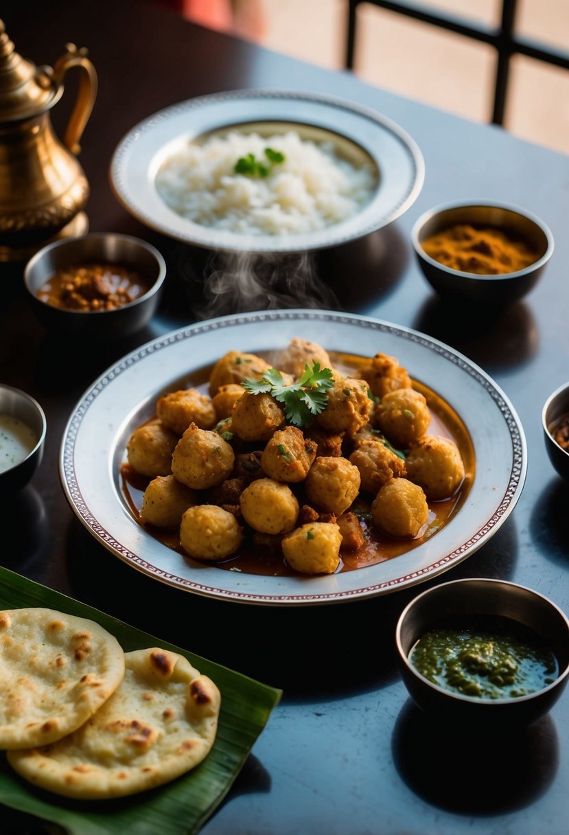 A table set with steaming Chole Bhature, accompanied by traditional Indian spices and condiments