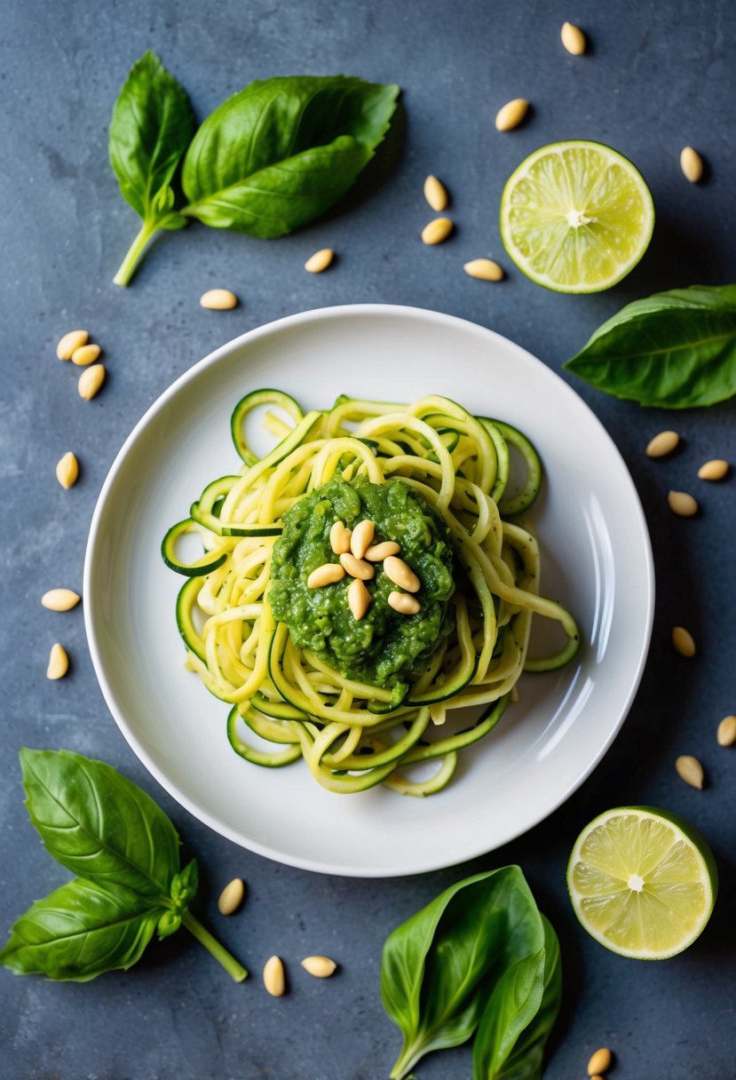 A plate of zucchini noodles topped with vibrant green pesto, surrounded by fresh basil leaves and pine nuts