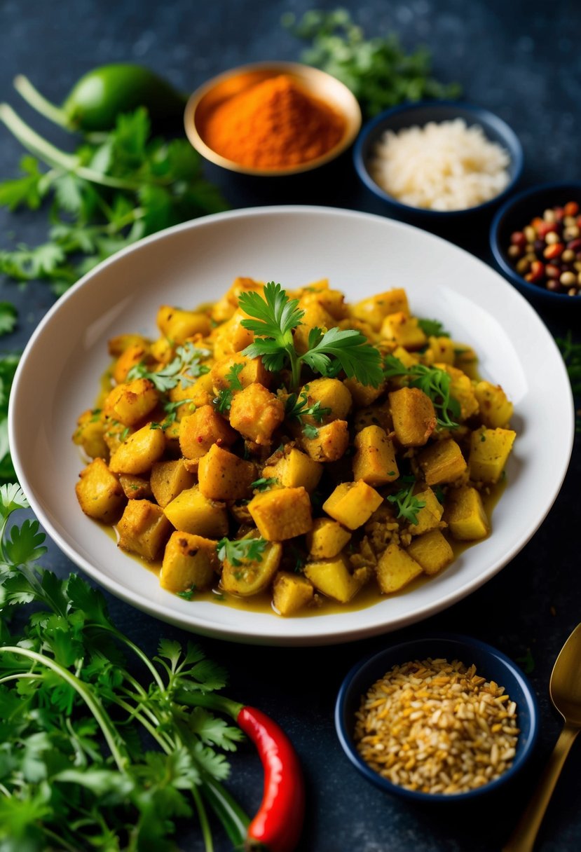 A plate of steaming Aloo Gobi surrounded by vibrant spices and fresh herbs