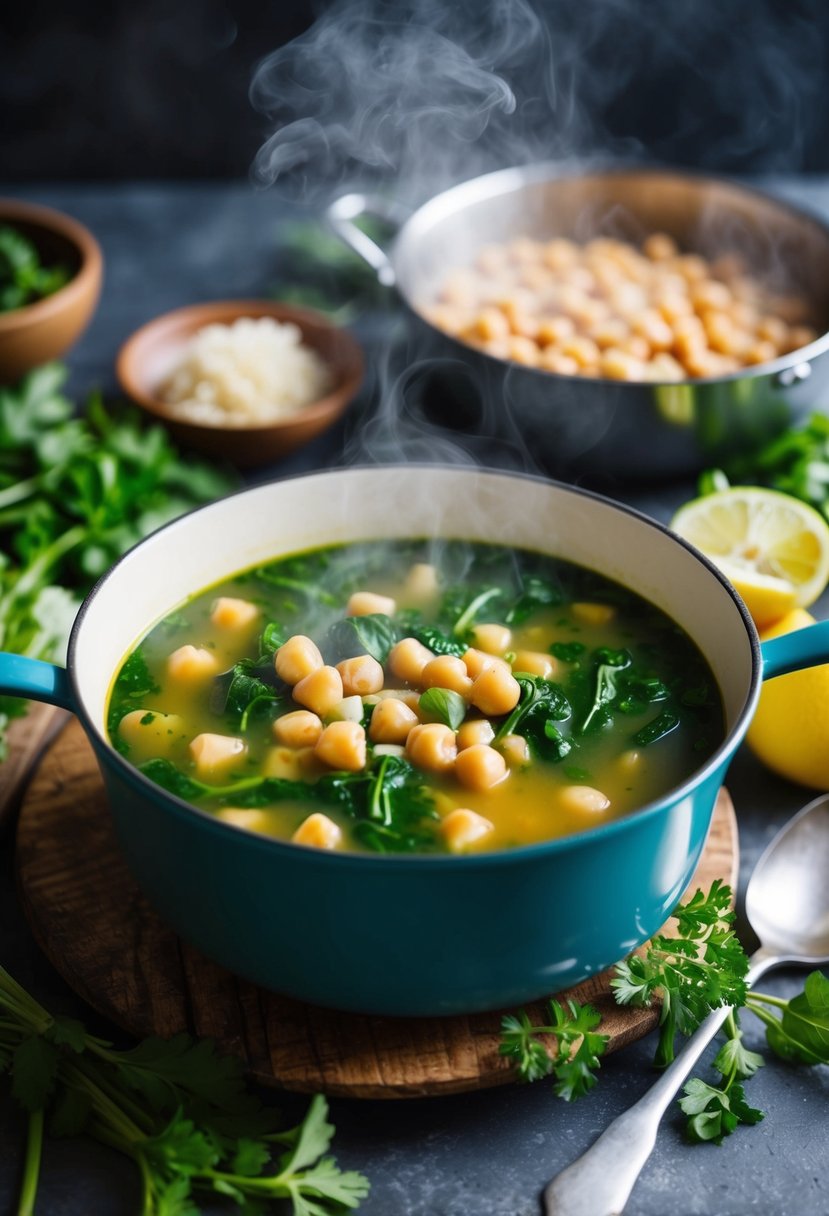 A steaming pot of chickpea and spinach soup surrounded by fresh ingredients and herbs on a rustic kitchen counter