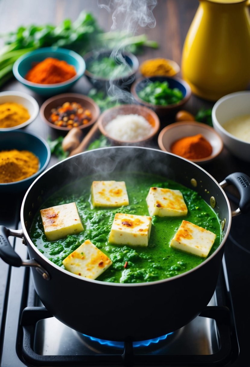 A steaming pot of saag paneer simmering on a stove, surrounded by vibrant spices and fresh ingredients