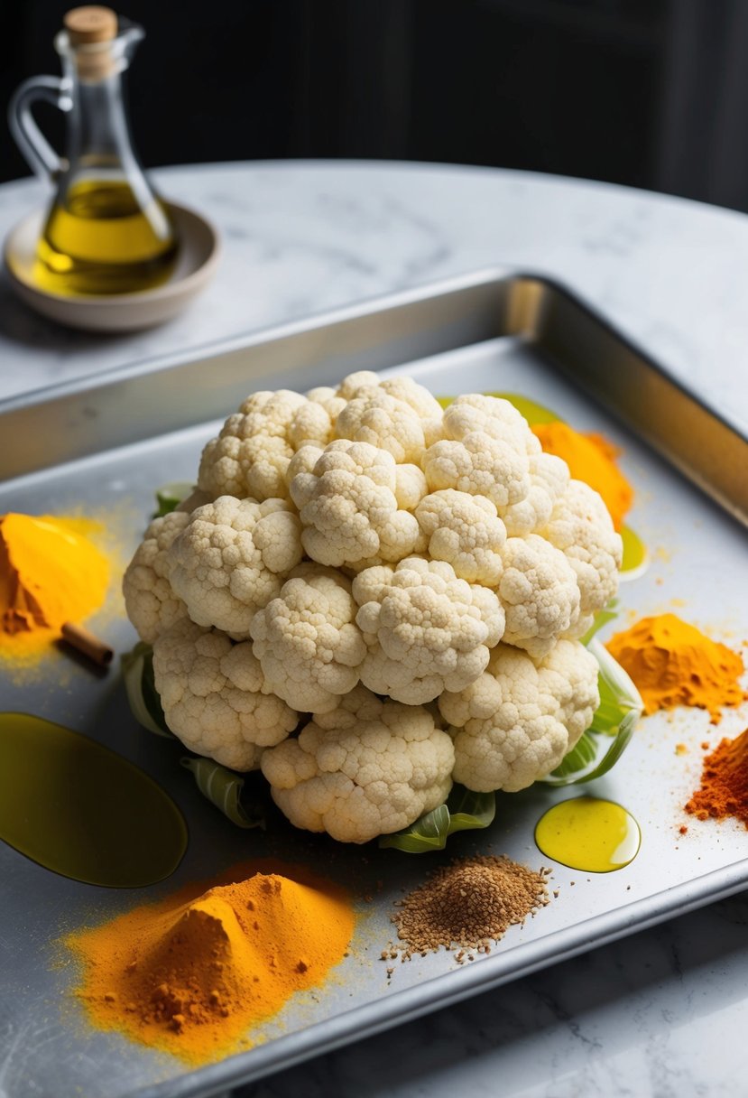 A head of cauliflower surrounded by turmeric, olive oil, and spices on a baking sheet