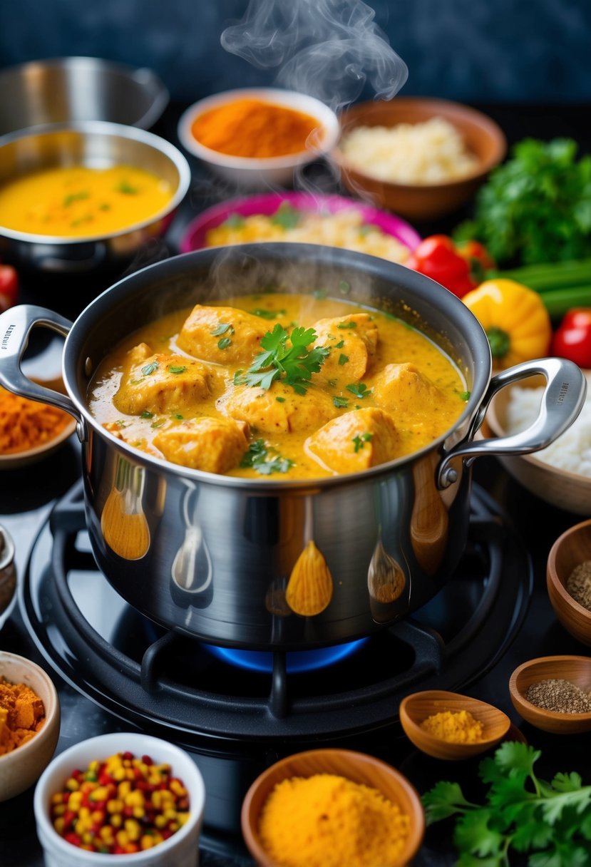 A steaming pot of butter chicken simmering on a stove, surrounded by vibrant spices and fresh ingredients