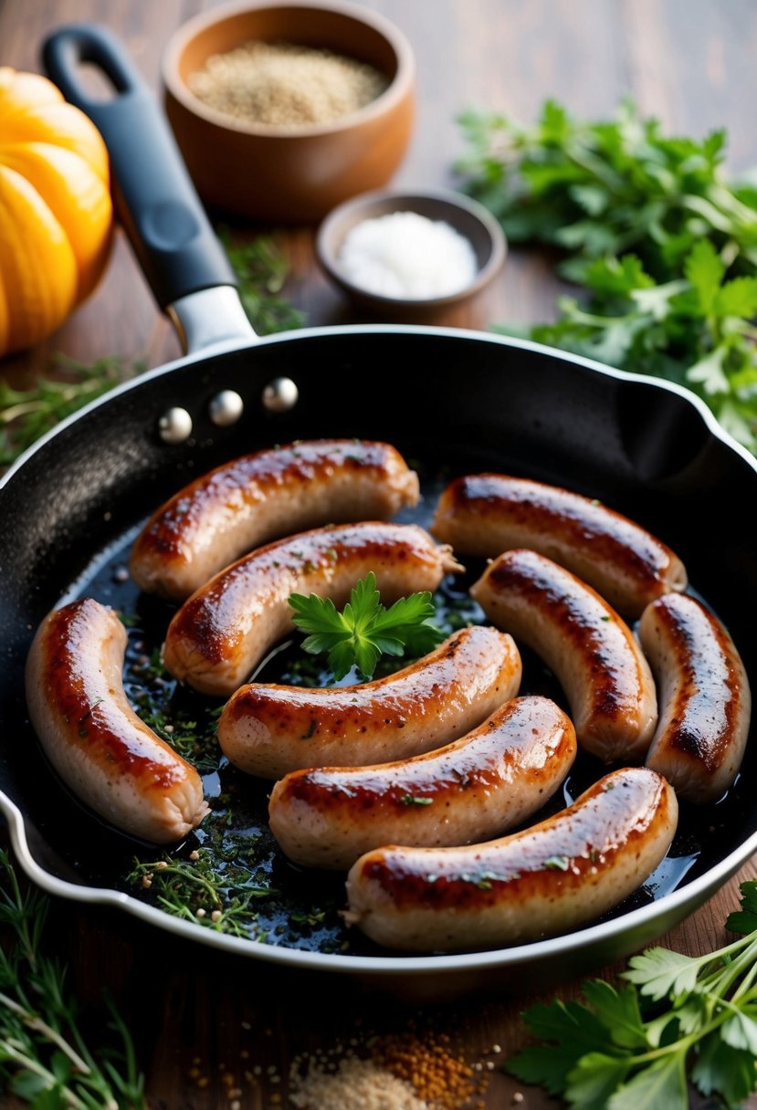 A skillet sizzling with maple-glazed sausages, surrounded by fresh herbs and spices