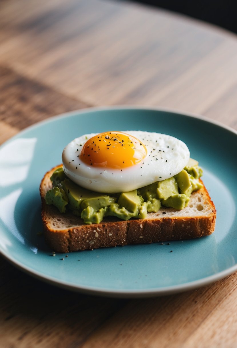 A slice of toasted bread topped with mashed avocado and a perfectly poached egg on top