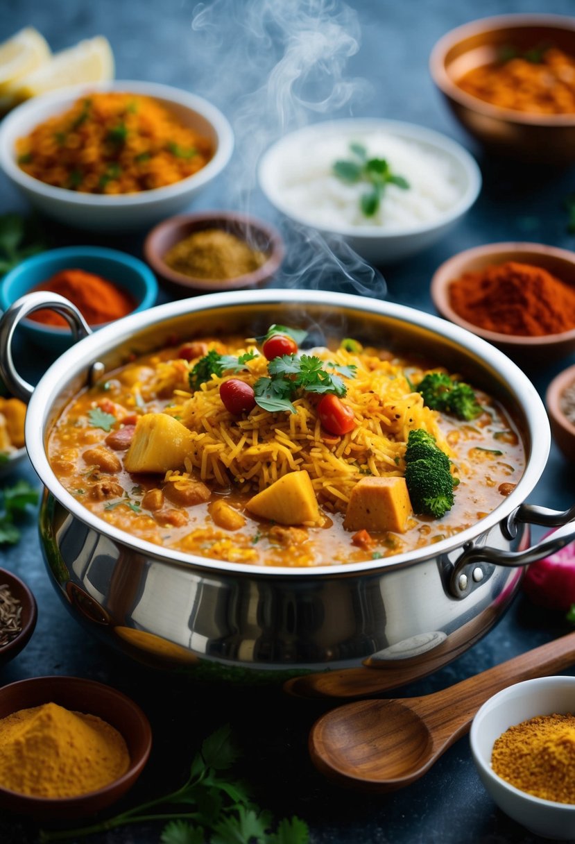 A steaming pot of biryani surrounded by colorful spices and ingredients