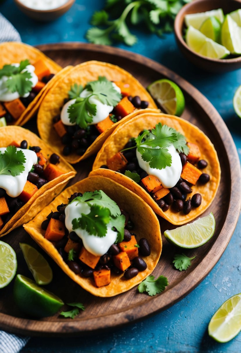 A colorful array of sweet potato and black bean tacos, topped with fresh cilantro and a squeeze of lime, arranged on a rustic wooden serving platter