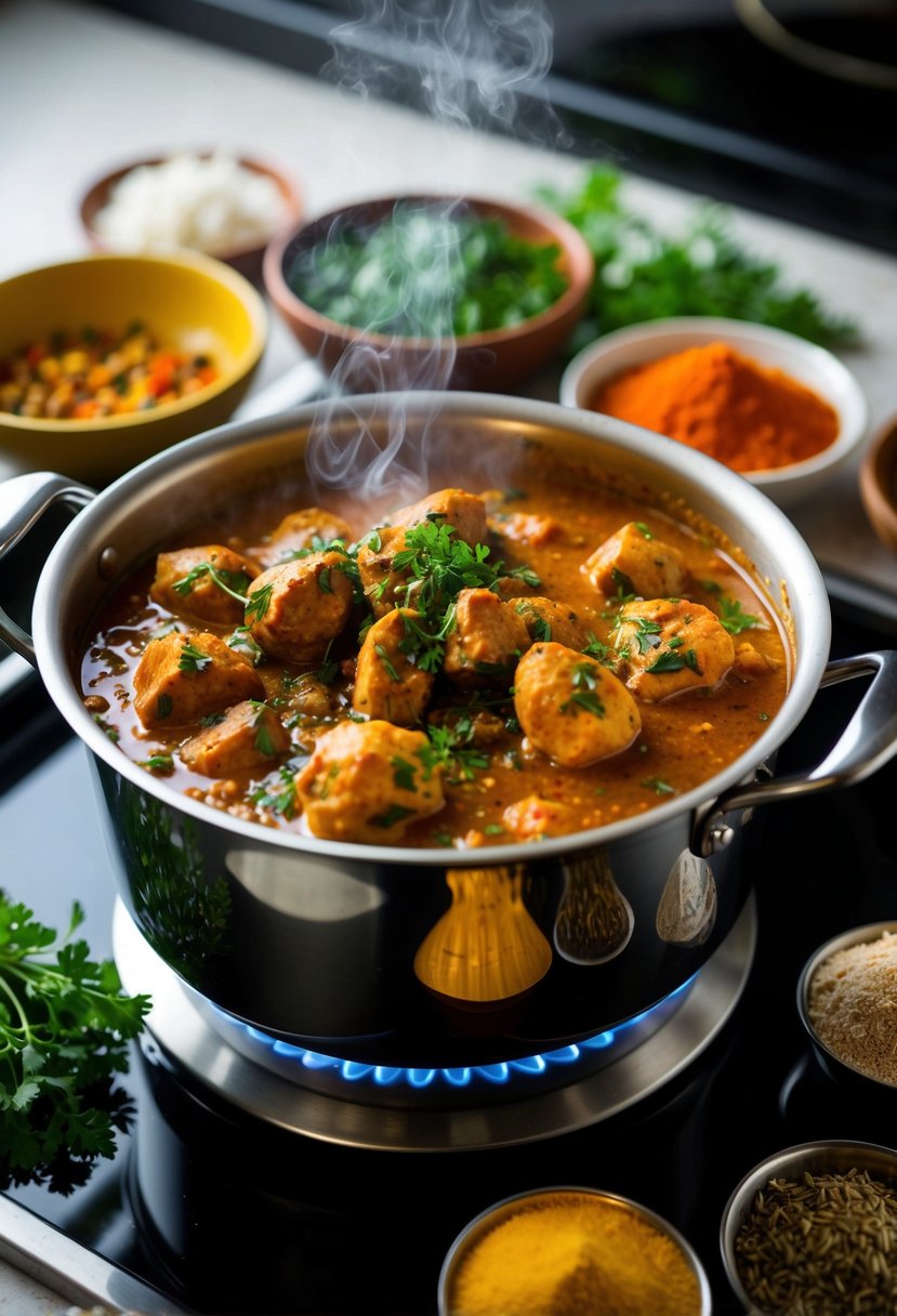 A steaming pot of Rogan Josh simmering on a stovetop, surrounded by vibrant spices and herbs