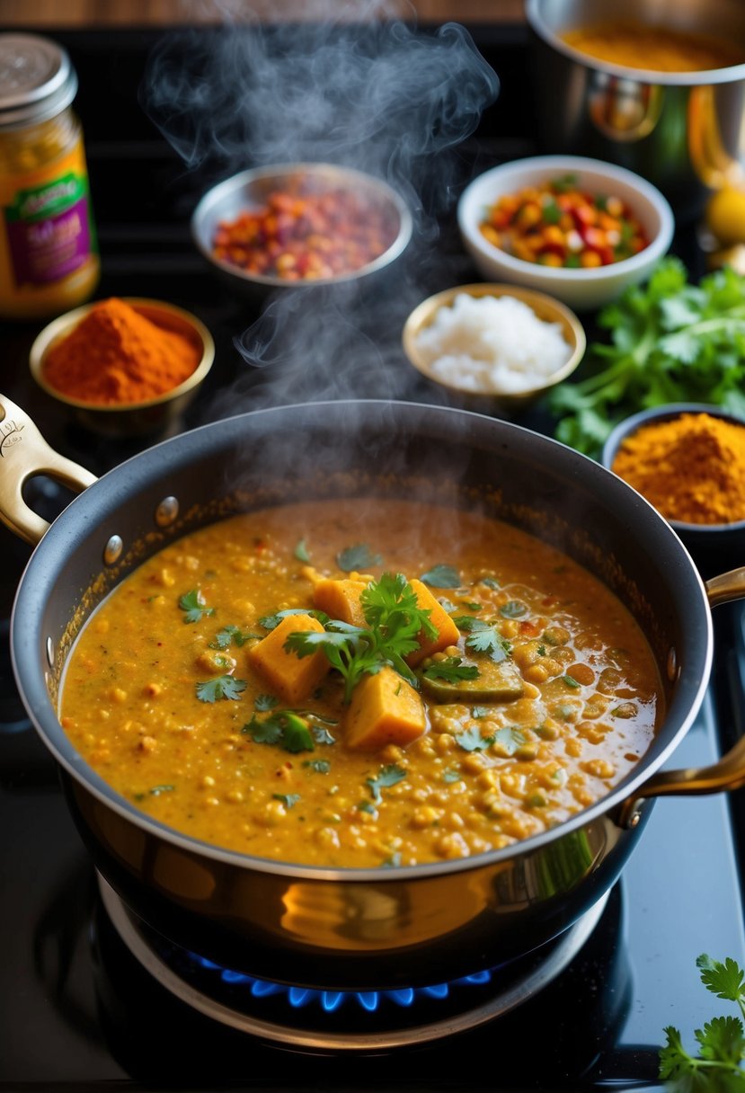 A steaming pot of Daal Makhani simmers on a stove, surrounded by vibrant spices and fresh ingredients