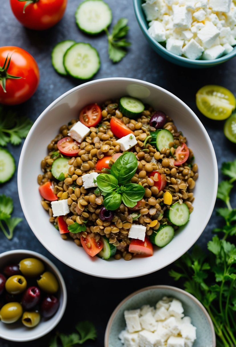 A colorful bowl of Mediterranean lentil salad surrounded by fresh ingredients like tomatoes, cucumbers, olives, and feta cheese