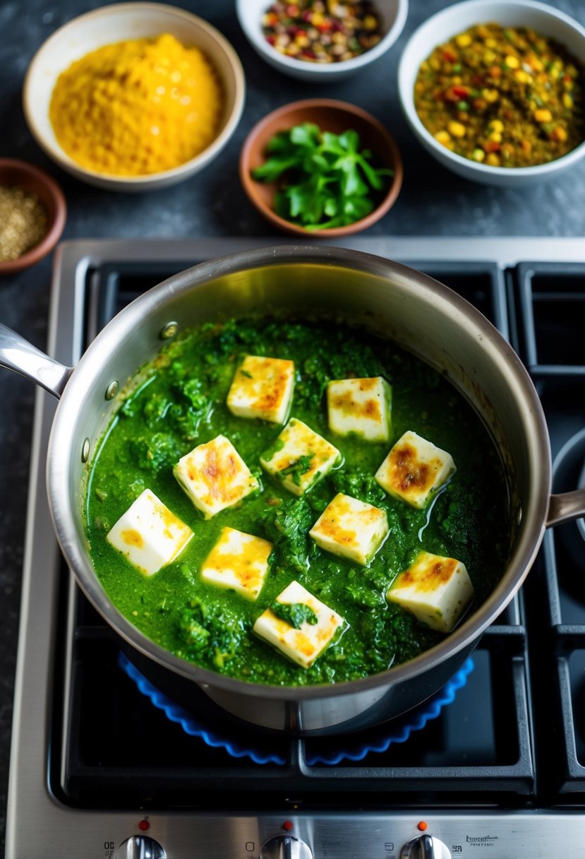 A steaming pot of palak paneer simmering on a stove, surrounded by vibrant spices and fresh ingredients