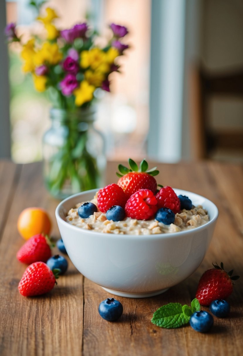 A bowl of oatmeal topped with a colorful assortment of fresh berries on a wooden table