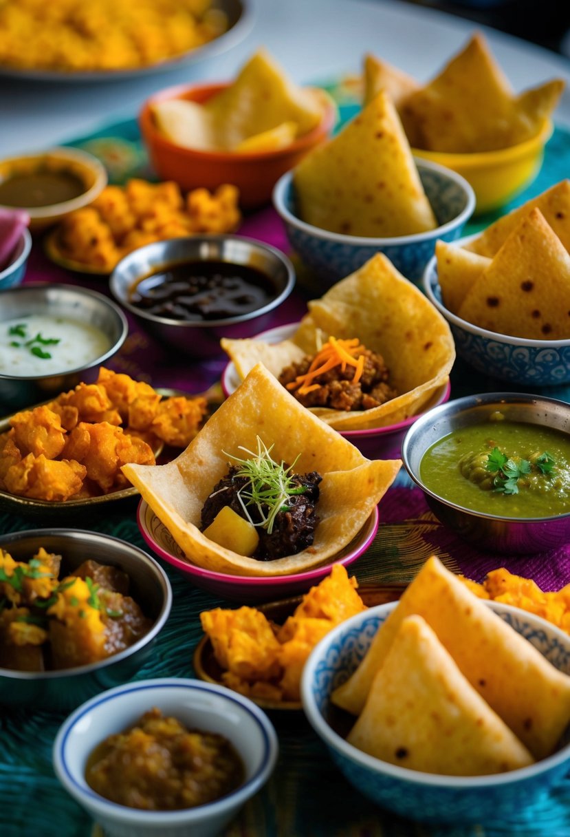 A table set with a variety of colorful and flavorful Pani Puri ingredients, including crispy puris, tangy tamarind chutney, and spicy potato filling