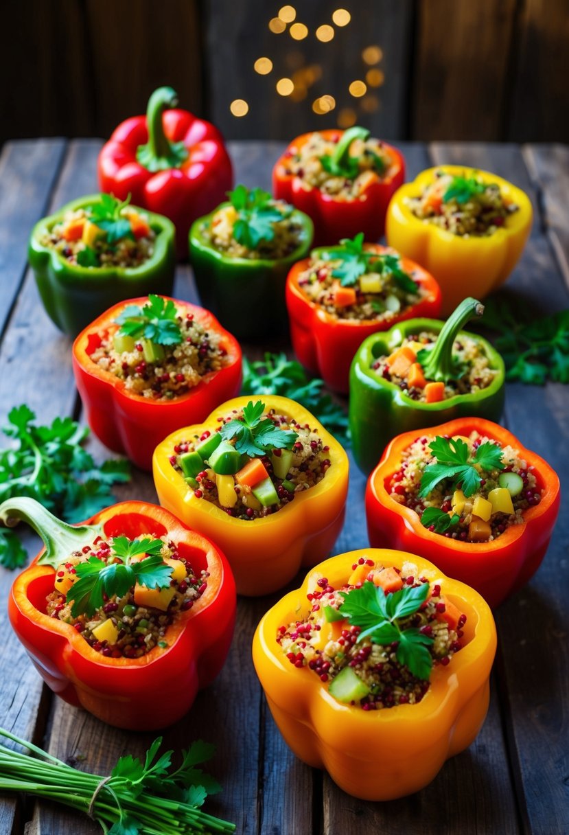 A colorful array of bell peppers filled with quinoa, vegetables, and herbs, arranged on a rustic wooden table