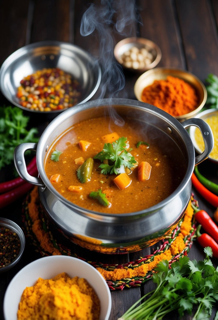 A steaming pot of sambar surrounded by colorful spices and vegetables