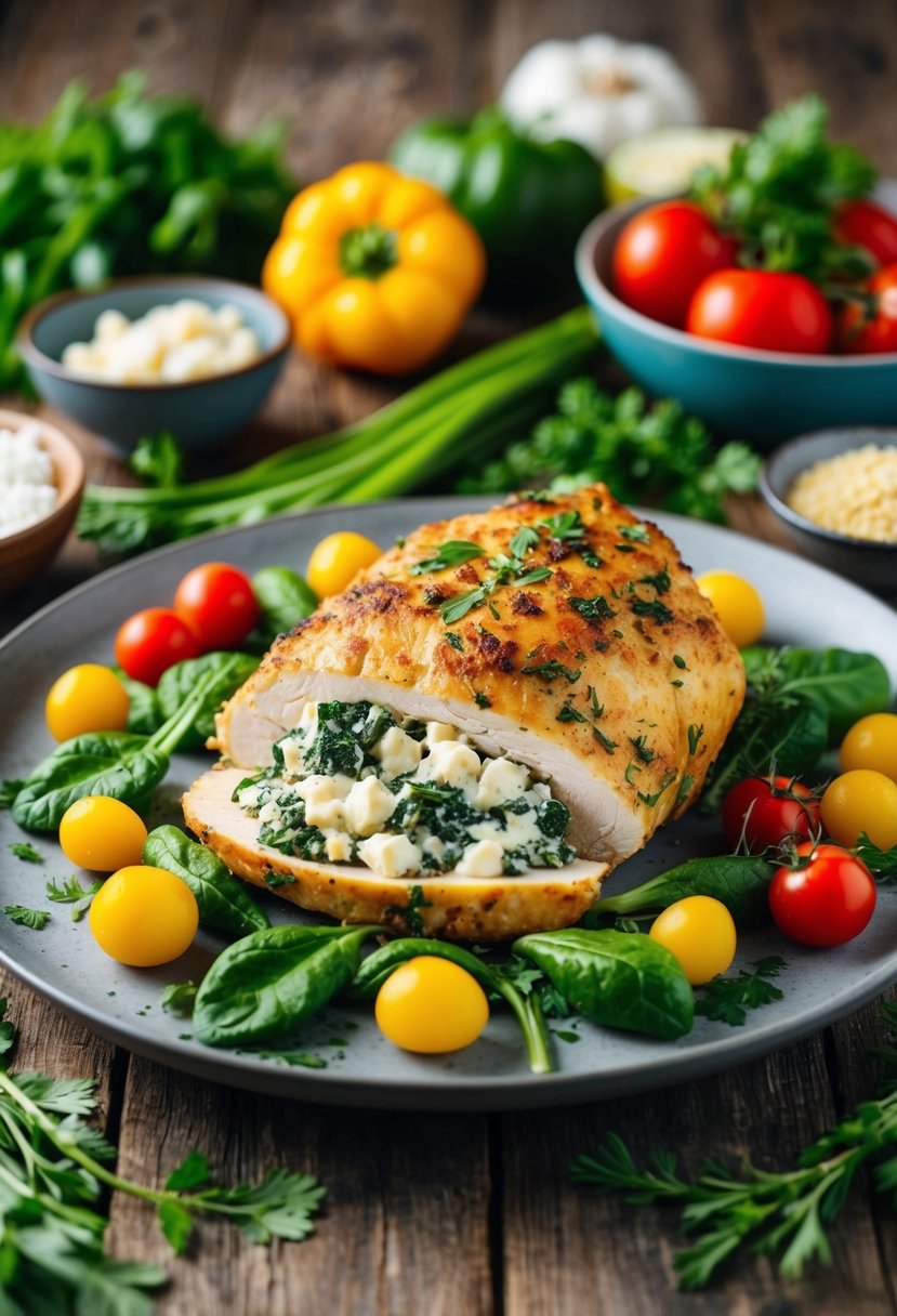 A platter of spinach and feta stuffed chicken surrounded by colorful vegetables and herbs on a rustic wooden table