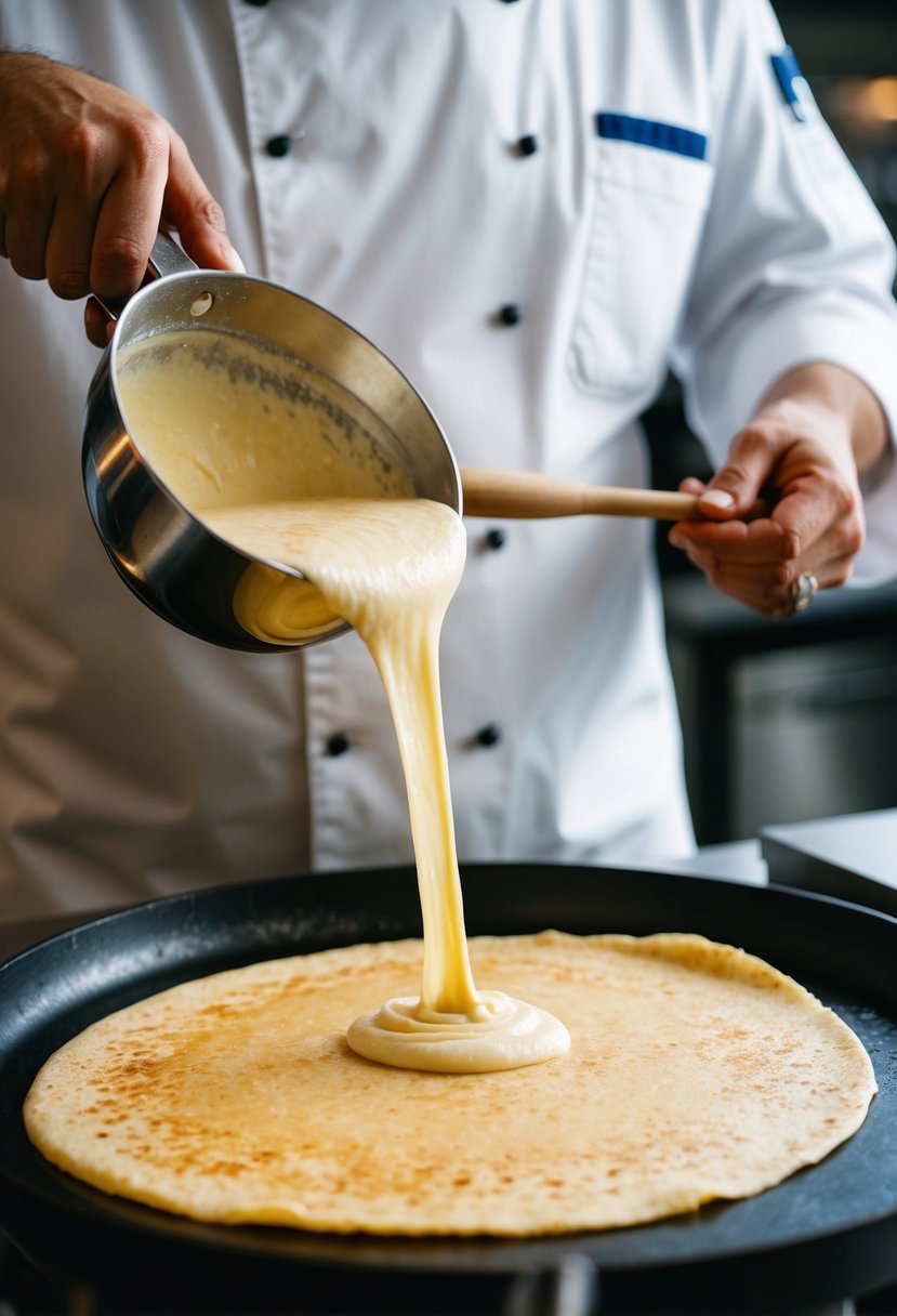 A chef pours batter onto a hot griddle, spreading it into a thin, circular shape to make a dosa